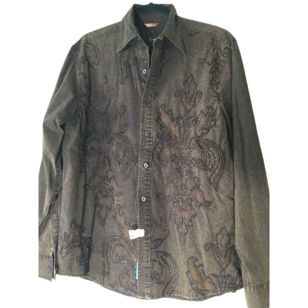 Roar Shirt Men’s Size L Brown Distressed Western Pattern Button Down Long Sleeve